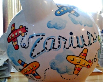 Personalized Piggy Bank Airplane Design Primary Colors Boys Room Handpainted