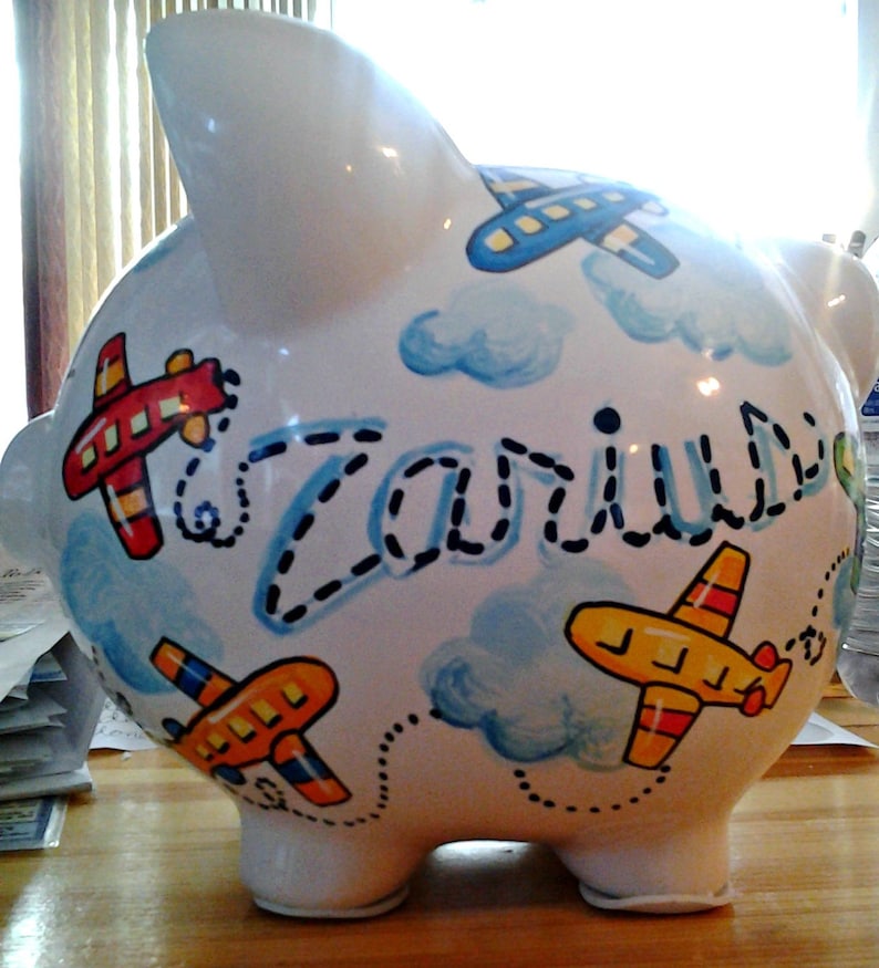 Personalized Piggy Bank Airplane Design Primary Colors Boys Room Handpainted image 1