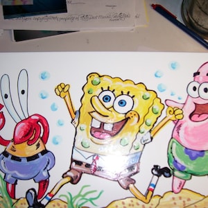 May include: Hand-painted illustration of SpongeBob SquarePants, Patrick Star, and Mr. Krabs from the cartoon series SpongeBob SquarePants. The characters are drawn in a cartoon style with bright colors and are set against a white background.