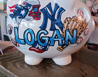 Sports Fan Multi Team Hand Painted Piggy Bank Personalized