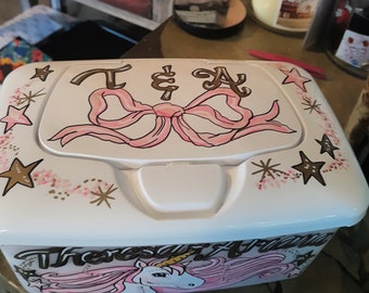 Baby Wipes Large Size Refillable Table Case Unicorn Diva Personalized Handpainted