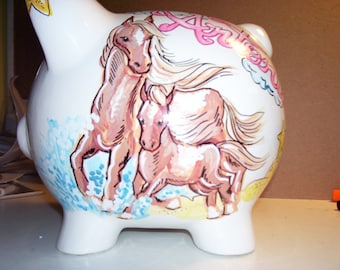 Unique Handpainted  Personalized Piggy Bank Horses