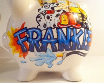 Personalized Handpainted Piggy Bank Fire Engine Theme