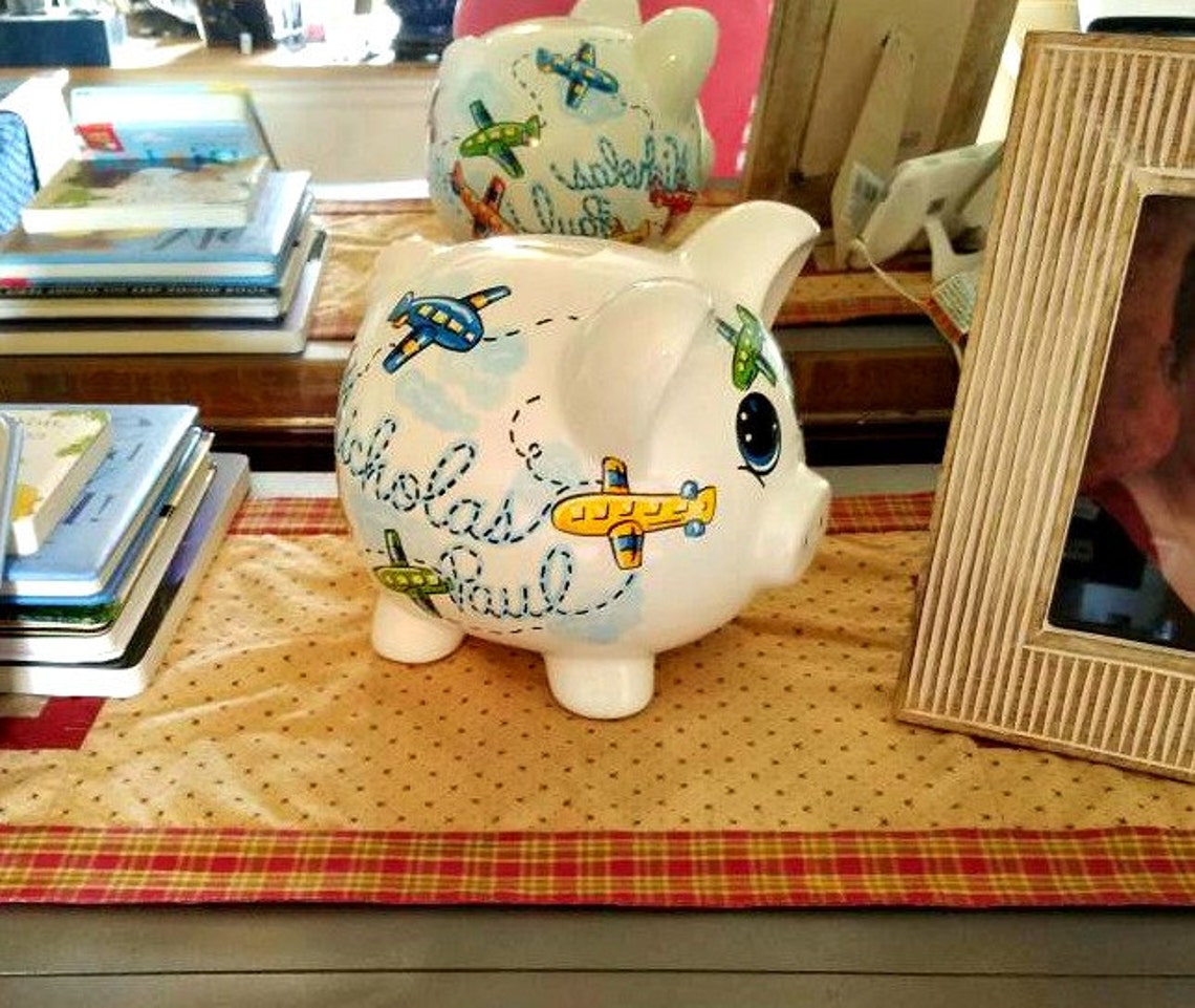 Personalized Piggy Bank Airplane Design Primary Colors Boys Etsy