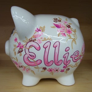 Hand Painted Personalized Piggy Bank Shabby Chic Pink and Brown Flowers image 1