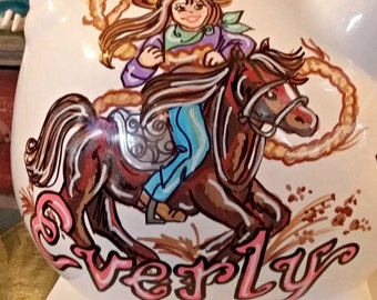 Personalized Piggy Bank Cowgirl Design Horse Rope Handpainted