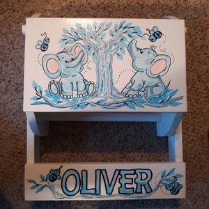 Handpainted Flip Stool Step Stool -Painted Step Stool Baby Elephants and Tree
