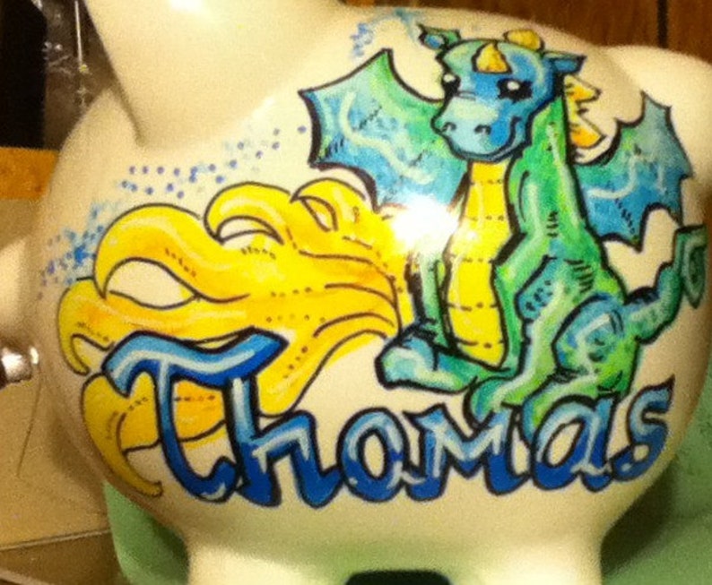 Personalized Handpainted Boy Dragon Piggy Bank image 1