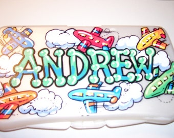 Baby Wipes Travel Case - Flying Airplanes -  Hand Painted and Personalized