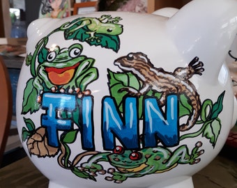 Realistic Frogs and Lizards Piggy Bank Handpainted Personalized