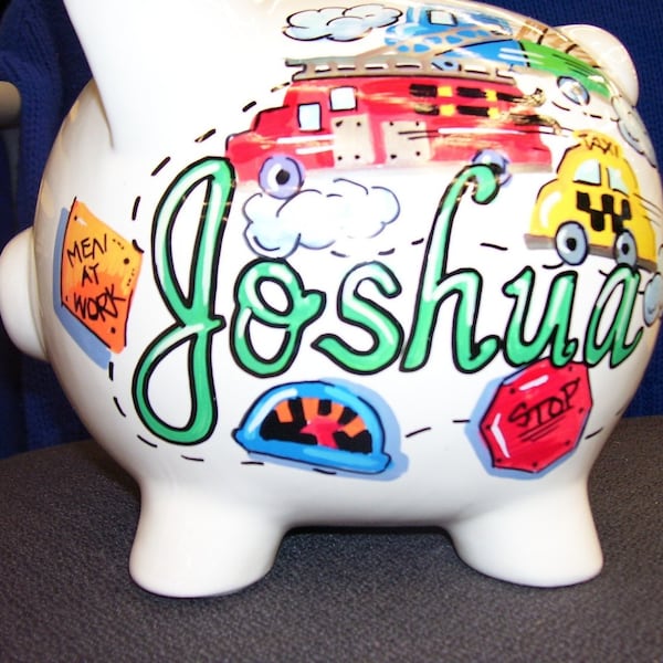 Personalized Piggy Bank - Cars, trucks and traffic signs Things That Go VROOM handpainted