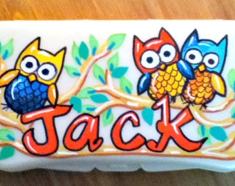 Baby Wipes Travel Case Personalized Baby Owls Red Yellow Blue Handpainted