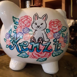 Rabbit and Roses Design Piggy Bank Cute Rabbit Flowers Handpainted Personalized image 1