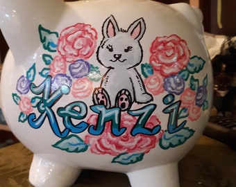 Rabbit and Roses Design Piggy Bank Cute Rabbit Flowers Handpainted Personalized