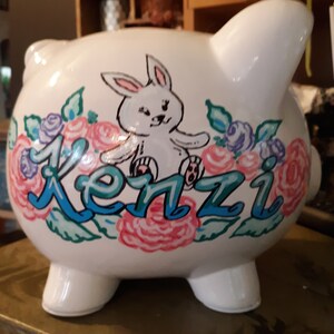 Rabbit and Roses Design Piggy Bank Cute Rabbit Flowers Handpainted Personalized image 2