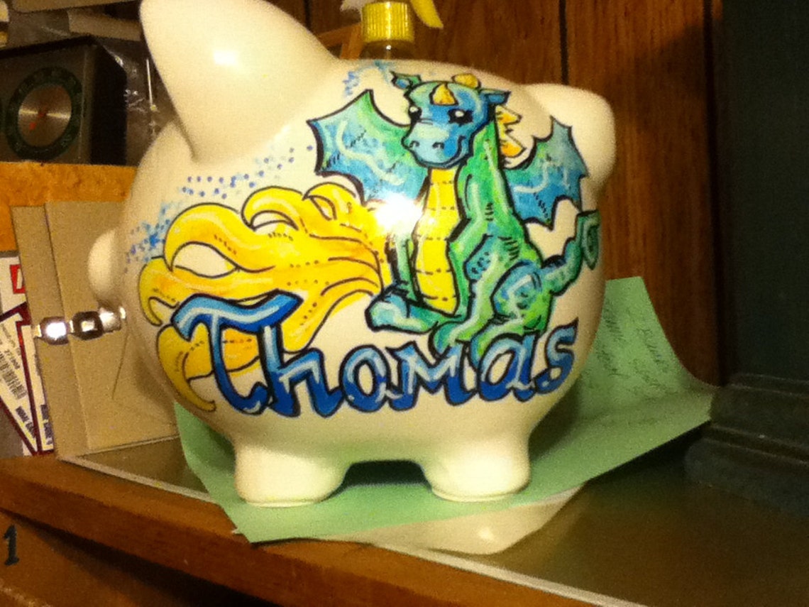 Personalized Handpainted Boy Dragon Piggy Bank Etsy