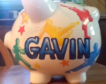 Personalized Piggy Bank Karate Design Primary Colors Handpainted