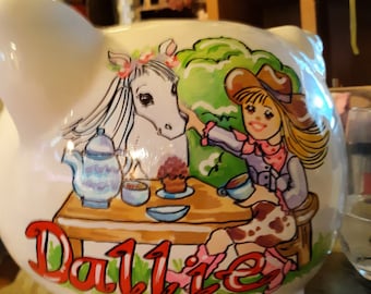 Custom-Hand-Painted-Piggy-Bank,Personalized-Piggy-Banks, Cowgirl-Tea-Party-Piggy-Bank, Handpainted