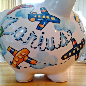 Personalized Piggy Bank Airplane Design Primary Colors Boys Room Handpainted image 3