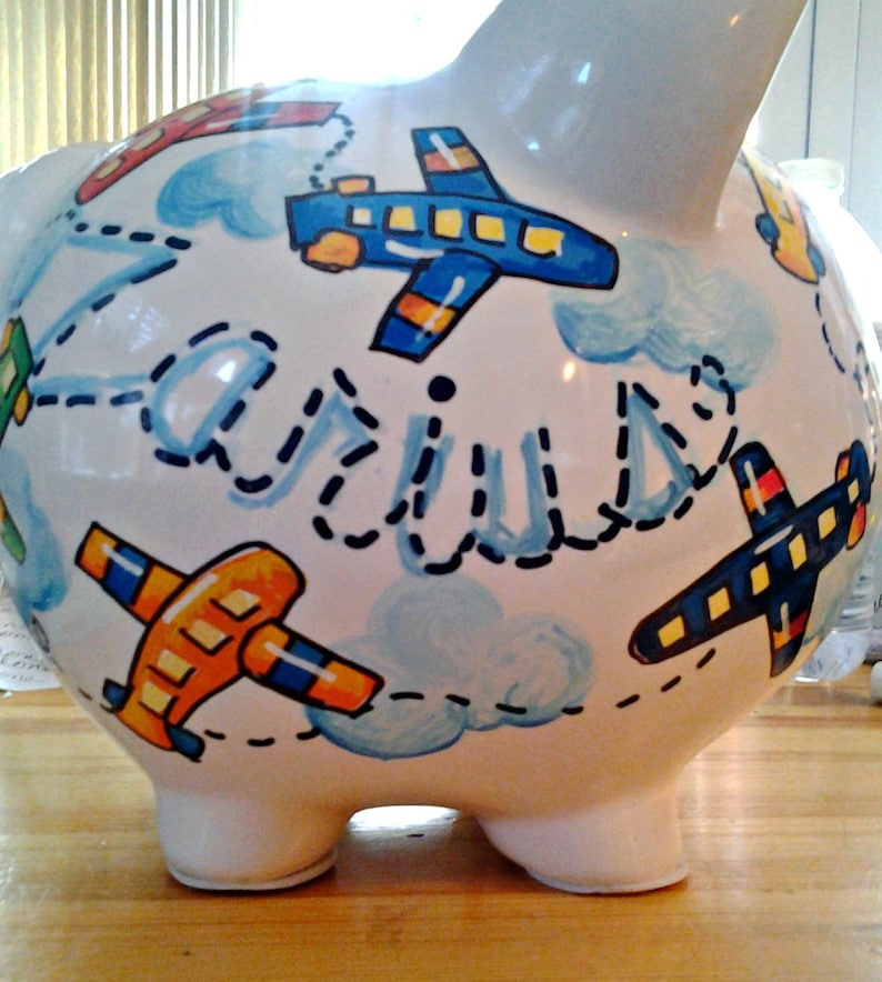 Personalized Piggy Bank Airplane Design Primary Colors Boys Room Handpainted image 3