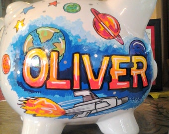Personalized Piggy Bank OuterSpace Adventure Handpainted