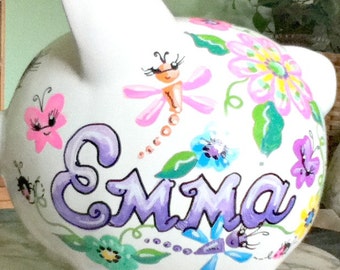 Personalized Piggy Bank Funky Flowers and Butterflies Handpainted