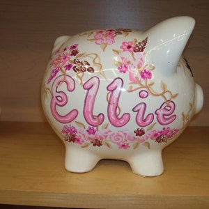 Hand Painted Personalized Piggy Bank Shabby Chic Pink and Brown Flowers image 2