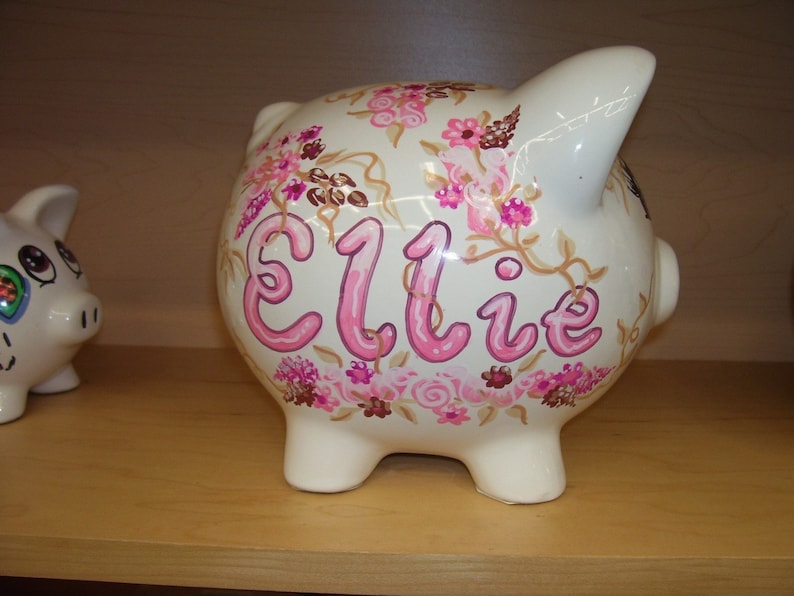 Hand Painted Personalized Piggy Bank Shabby Chic Pink and Brown Flowers image 2