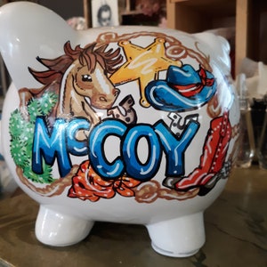 Cowboy Buckaroo Piggy Bank Personalized Handpainted Cowboy Hat Boot Horseshoe