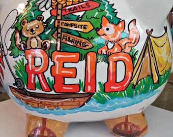 Personalized Piggy Bank Camping Theme Handprinted Outdoors Kids Room Custom Theme