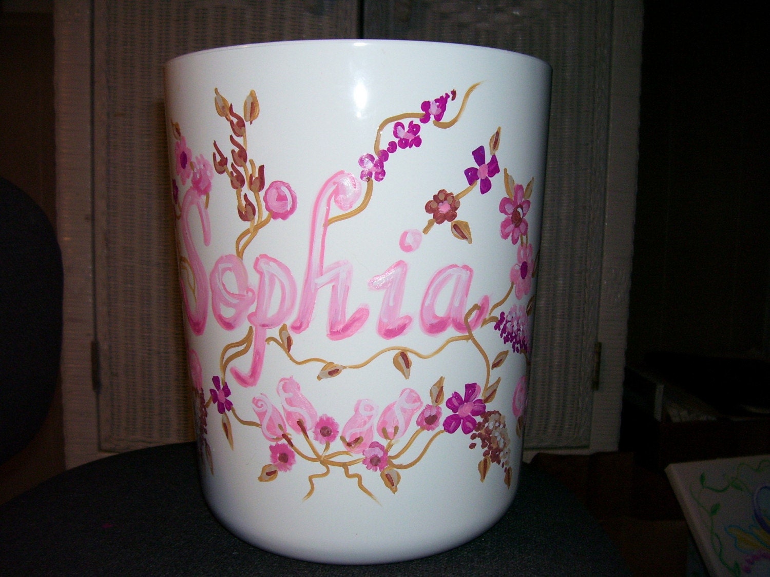 Wastebasket Pink & Brown Flowers Handpainted Personalized