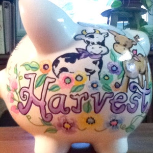 Personalized Piggy Bank Cute Cows Flowers Pastel Colors Handpainted