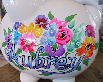 Hand Painted Piggy Bank Pretty Flower Bouquet Bright Colors Personalized