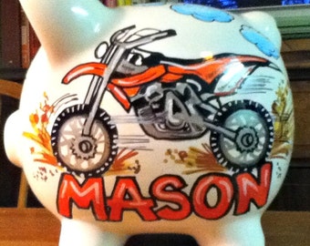 Personalized Piggy Bank Dirt Bike Design Handpainted Bank