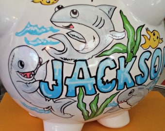 Whimsical Sharks Piggy Bank Personalized Handpainted Match Bedding Room Theme