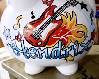 Tirelire personnalisée Guitare, Musique, Rock and Roll peinte à la main