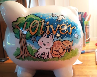 Sweet Dreams Baby Rabbit and the Moon Bank Kids Handpainted Piggy bank
