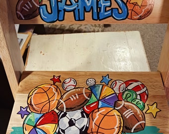 Hand Painted Stepstool Sports Balls Flip Stool Kids Room Stepstool