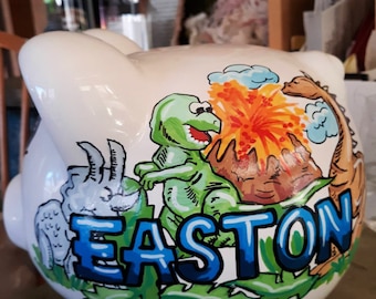 Childrens Handpainted Piggy Bank  Dinosaur Design Ceramic Bank