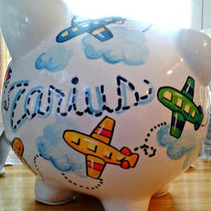 Personalized Piggy Bank Airplane Design Primary Colors Boys Room Handpainted image 2