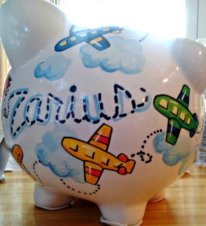 Personalized Piggy Bank Airplane Design Primary Colors Boys Room Handpainted image 2