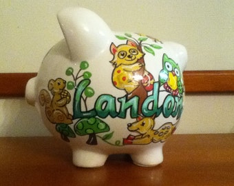 Personalized Piggy Bank Baby Forest Critters Design