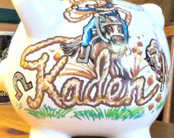 Personalized Piggy Bank Cowboy Design Horse Rope Handpainted