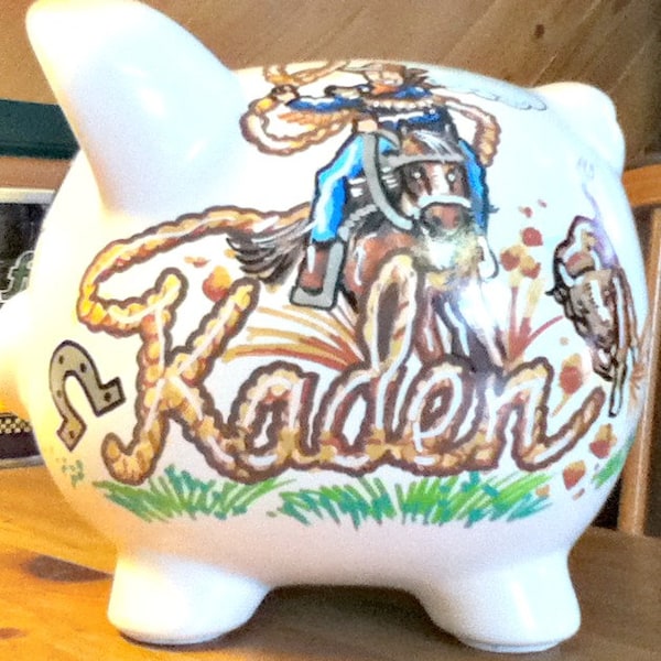 Personalized Piggy Bank Cowboy Design Horse Rope Handpainted