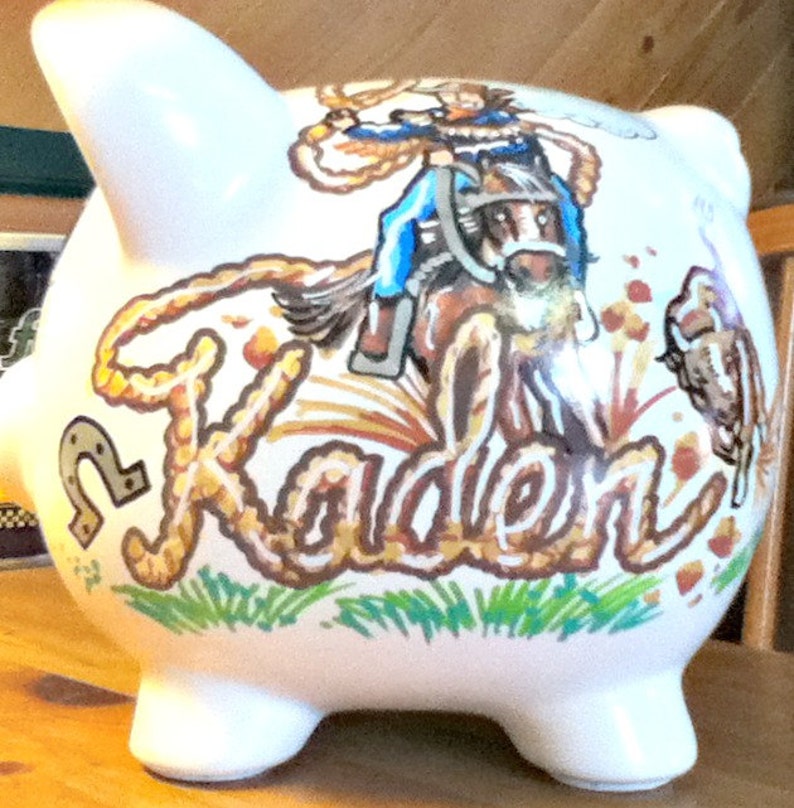 Personalized Piggy Bank Cowboy Design Horse Rope Handpainted image 1