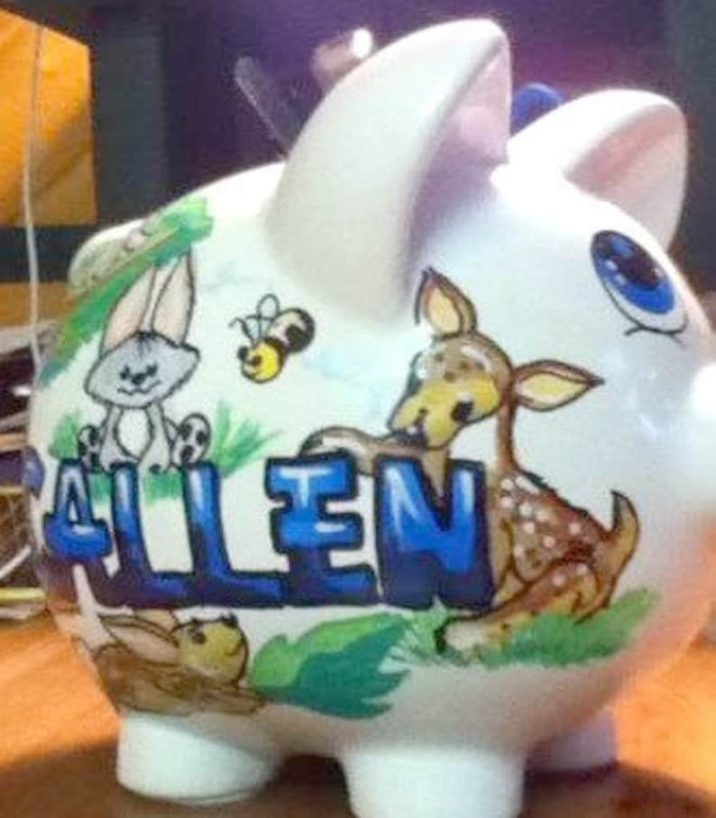 Personalized Piggy Bank Woodland Forest Animals Handpainted Fox Owl Bear image 4