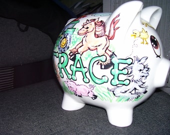 Personalized Piggy Bank  Farm Theme Cows Tractor Horse Handpainted