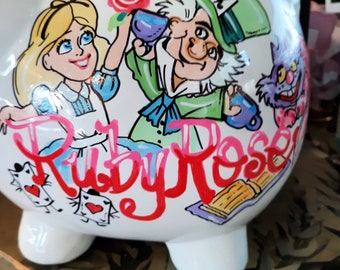 Alice In Wonderland  Piggy Bank Personalized Handpainted Match Bedding Room Theme