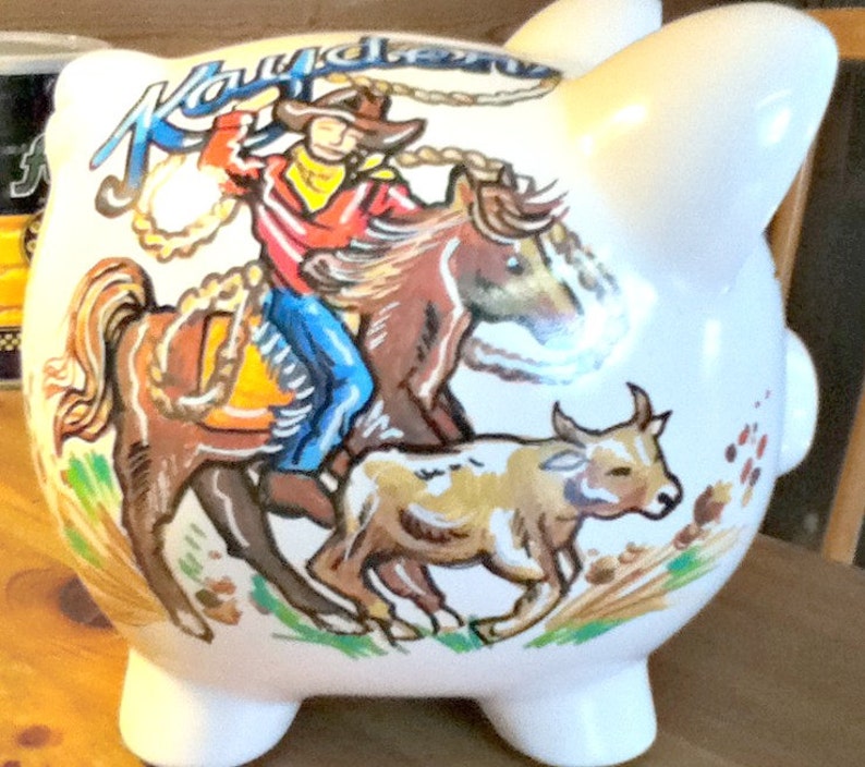 Personalized Piggy Bank Cowboy Design Horse Rope Handpainted image 2