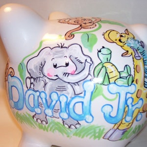 Personalized Piggy Bank -Baby Animals 2 Boy Pastels Handpainted